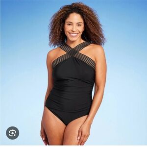 Aqua Green Black Crisscross One Piece Swimsuit